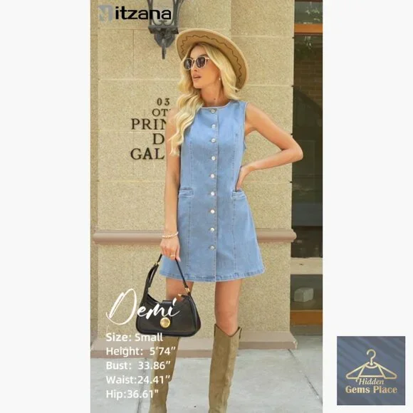 Denim Mini Dress Sleeveless Button Down Pocket Casual Summer - Picture 5 of 7